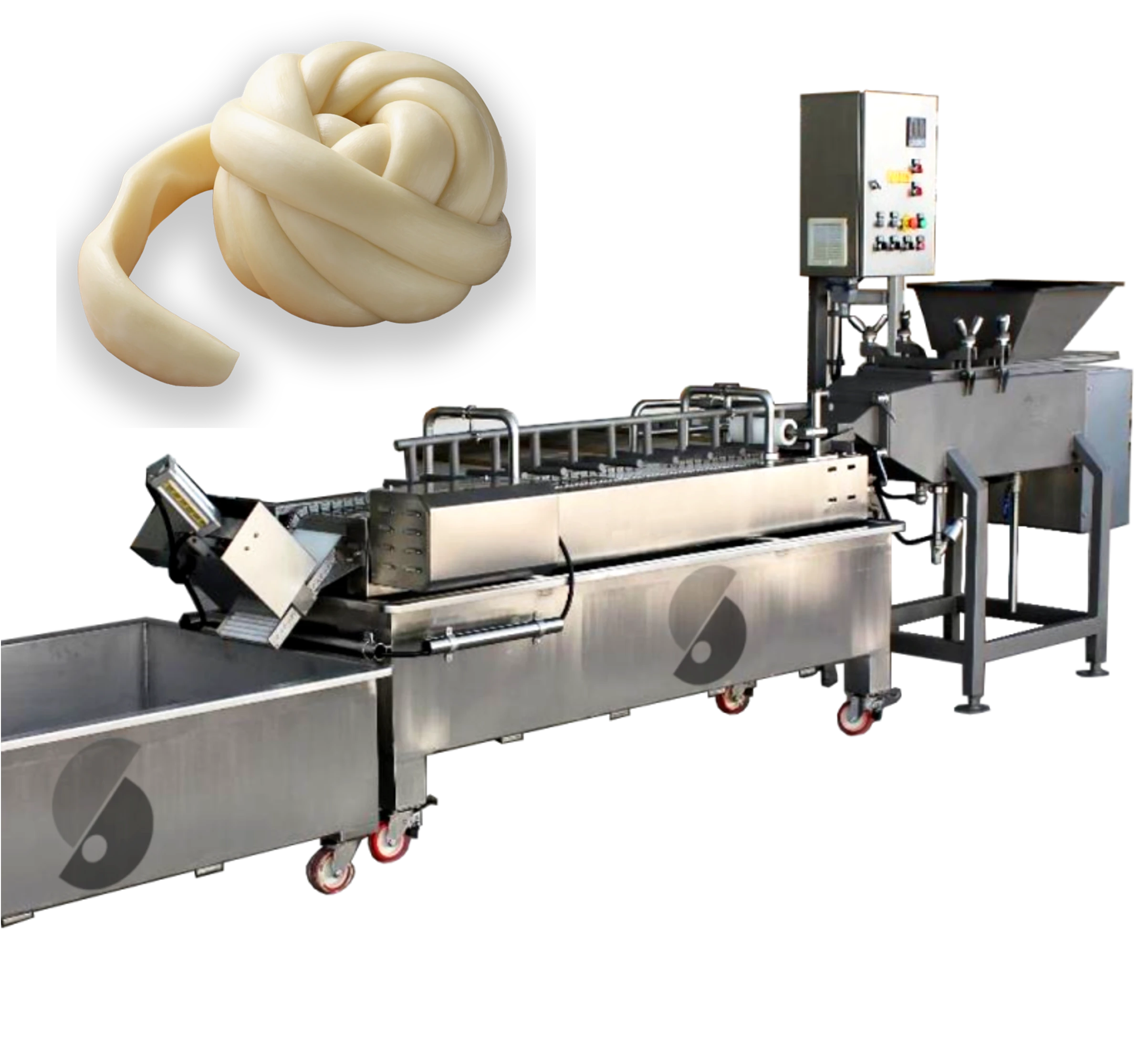 Pasta Filata Strip Molder Extruder — complete system with cooling tank, buffer hopper and finished Oaxaca cheese
